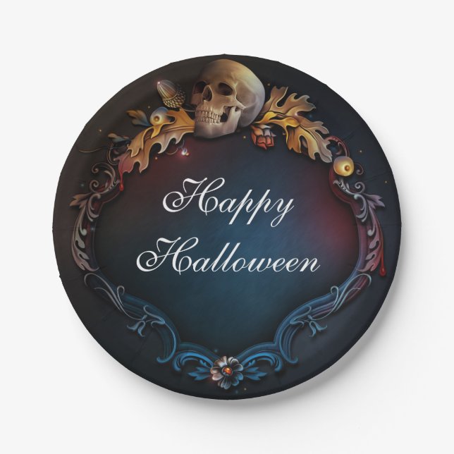 Autumn Leaves & Skull Fall Halloween Party Paper Plate (Front)