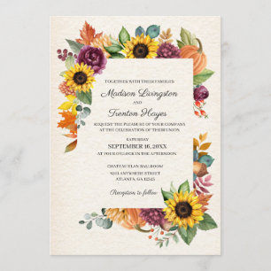 Autumn Leaves Sunflower Fall Wedding Invitation