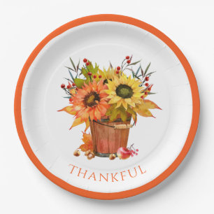 Autumn Leaves Sunflowers in Wooden Bucket Thankful Paper Plate