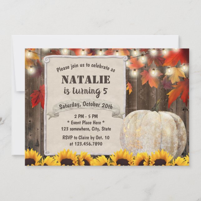 Autumn Leaves Sunflowers Pumpkin 5th Birthday Invitation (Front)