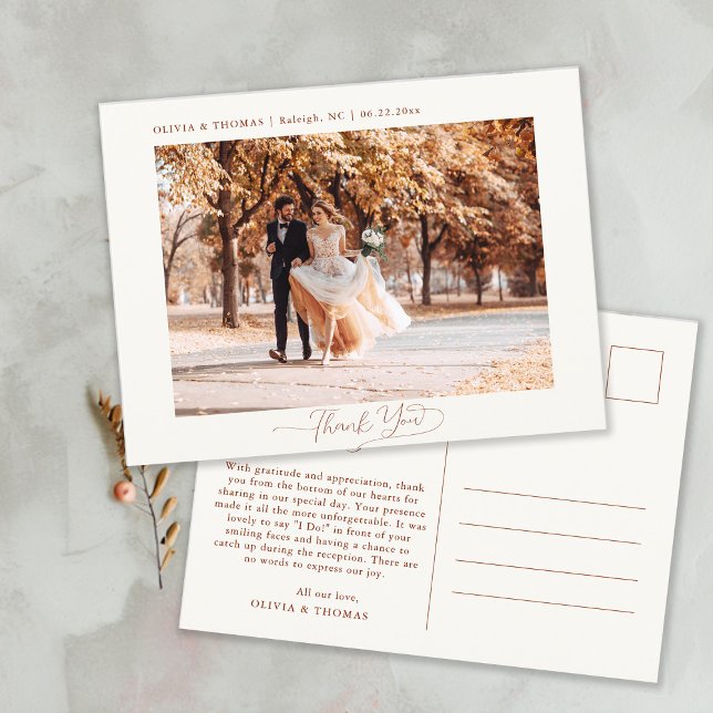 Autumn Leaves Terracotta Wedding Photo Thank You Postcard (Autumn Leaves Fall Wedding Photo Thank You Postcard terracotta romantic calligraphy simple modern)