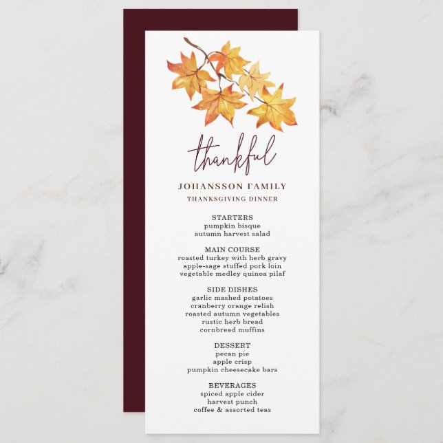 AUTUMN LEAVES THANKFUL THANKSGIVING DINNER MENU (Front/Back)