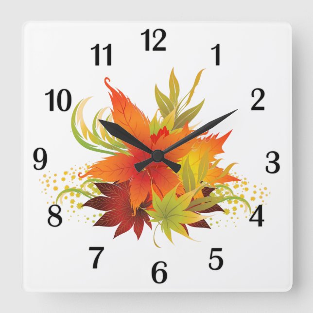Autumn Leaves Thanksgiving Black Numbers Square Wall Clock (Front)