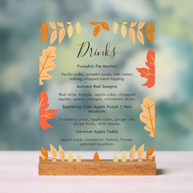 Autumn Leaves Thanksgiving Drinks Menu Acrylic Sign (Neutral)