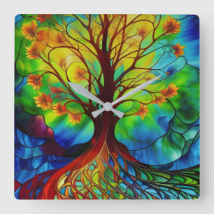Autumn Leaves Tree of Life Square Wall Clock