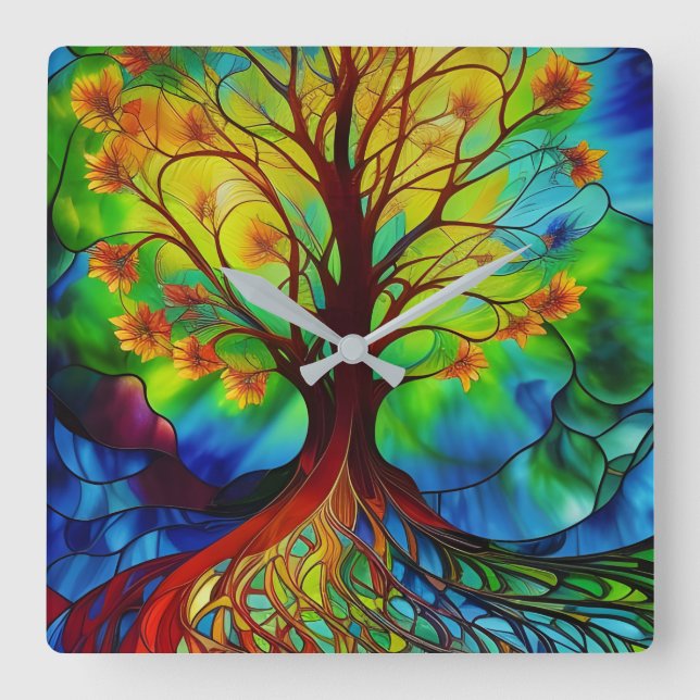 Autumn Leaves Tree of Life Square Wall Clock (Front)