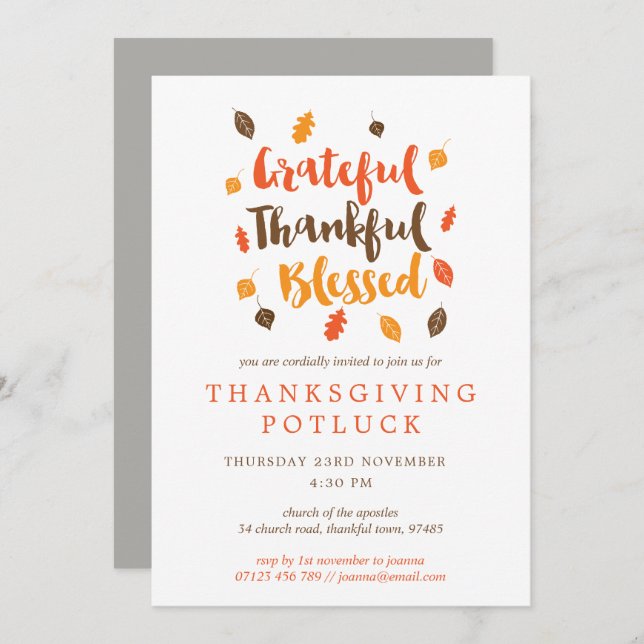 Autumn Leaves Typographic Thanksgiving Potluck Invitation (Front/Back)