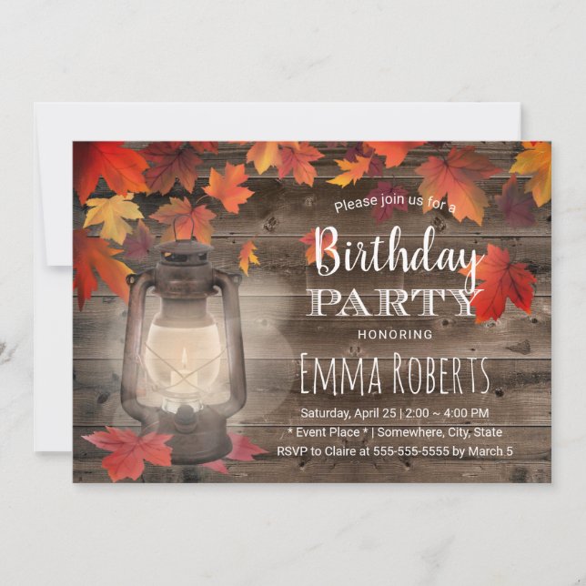 Autumn Leaves Vintage Lantern Rustic Birthday Invitation (Front)