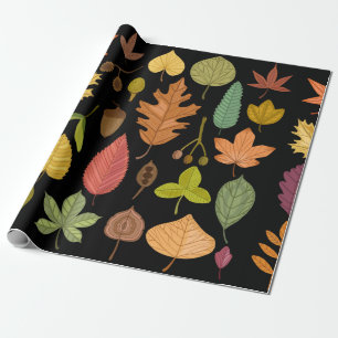 Autumn leaves vintage set isolated on black backgr wrapping paper
