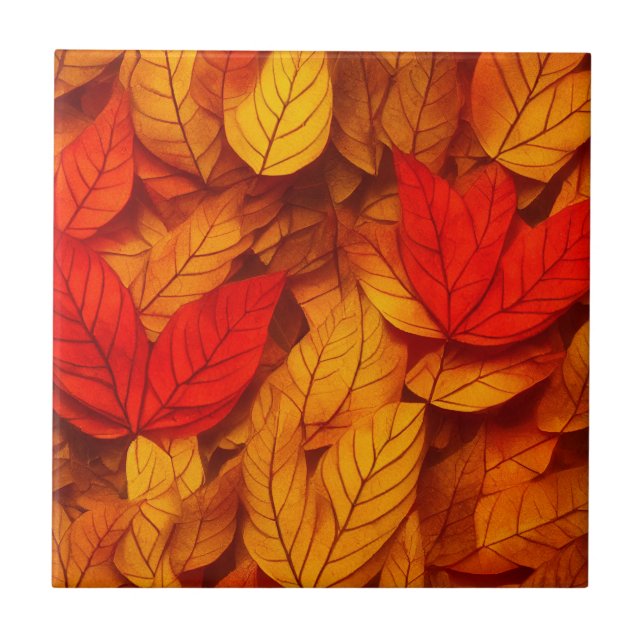 Autumn Leaves Warm Red Orange Yellow Pattern Ceramic Tile (Front)