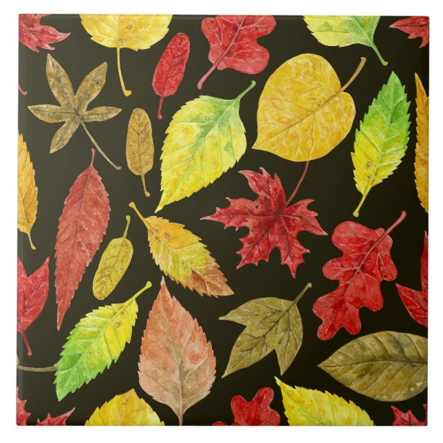 Autumn leaves watercolor dark ceramic tile (Front)