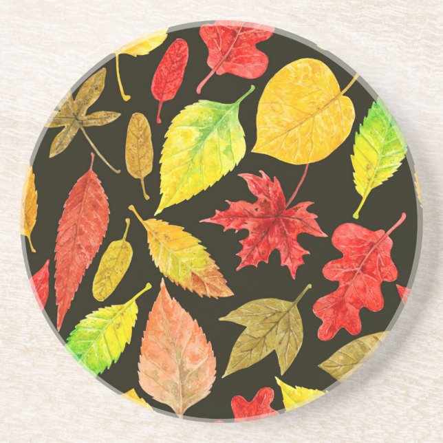 Autumn leaves watercolor dark coaster (Front)