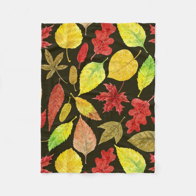 Autumn leaves watercolor dark fleece blanket (Front)