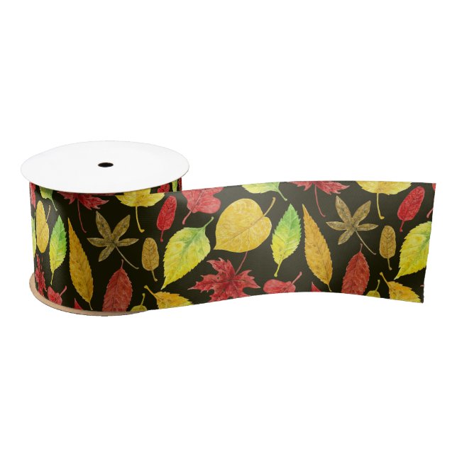 Autumn leaves watercolor dark satin ribbon (Spool)