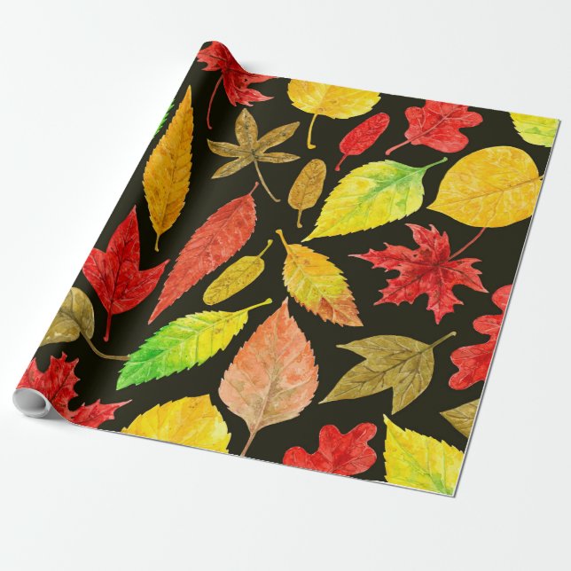 Autumn leaves watercolor dark wrapping paper (Unrolled)