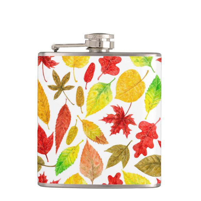 Autumn leaves watercolor white hip flask (Front)