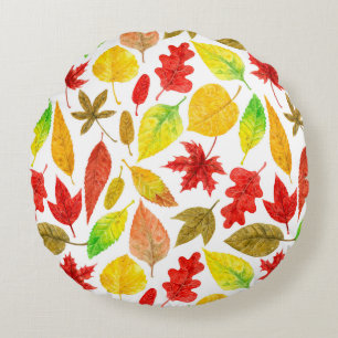 Autumn leaves watercolor white round cushion