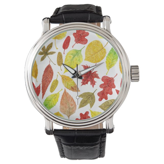 Autumn leaves watercolor white watch (Front)