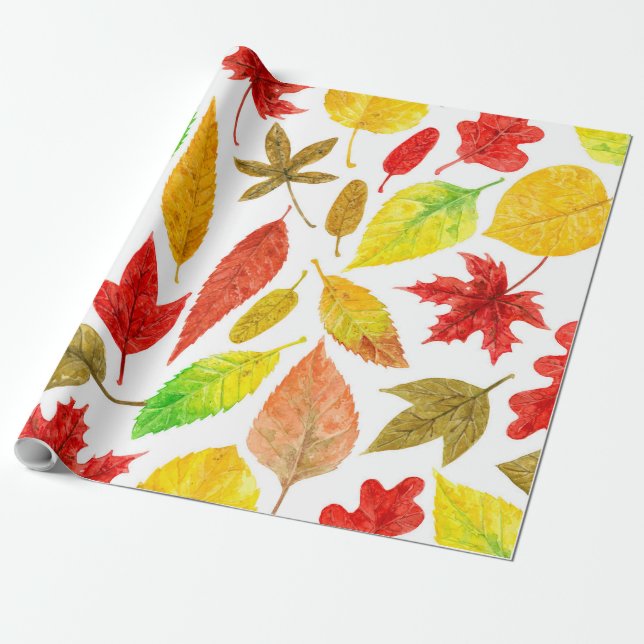 Autumn leaves watercolor white wrapping paper (Unrolled)