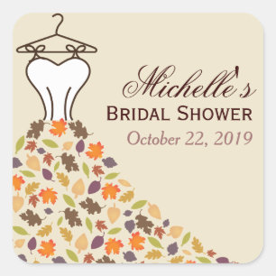 Autumn Leaves Wedding Dress Bridal Shower Favour Square Sticker