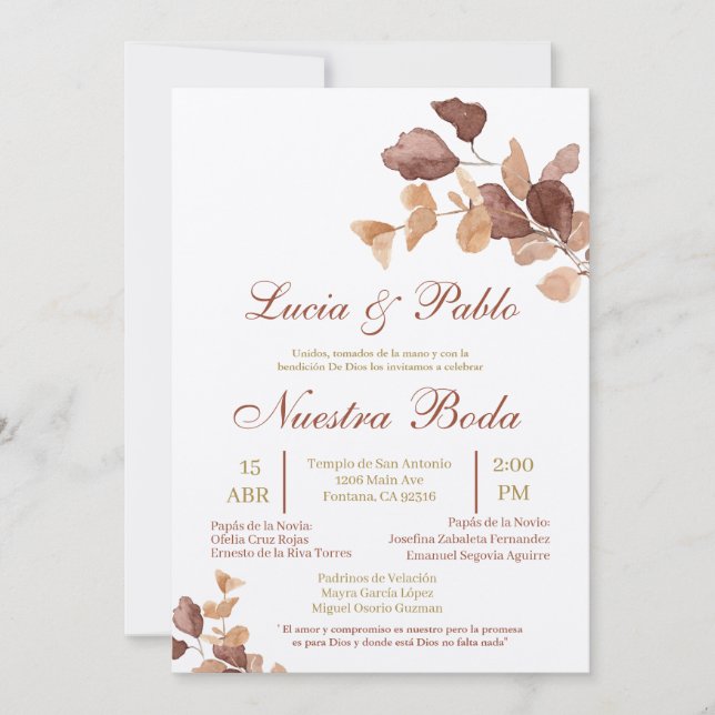 Autumn Leaves Wedding invitation in spanish (Front)
