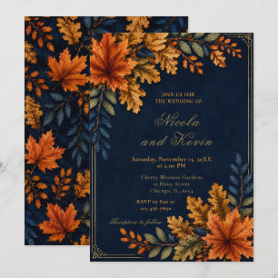 Autumn Leaves Wedding Navy Invitation