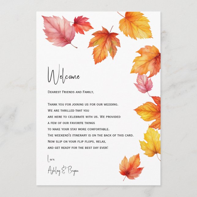 Autumn Leaves Wedding Welcome Letter & Itinerary Program (Front)