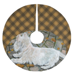 Autumn Leaves Westie on Patio Brushed Polyester Tree Skirt