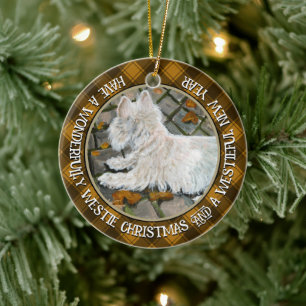 Autumn Leaves Westie on Patio Ceramic Ornament
