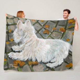 Autumn Leaves Westie on Patio Fleece Blanket