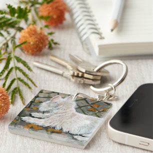 Autumn Leaves Westie on Patio Key Ring