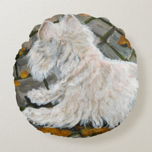 Autumn Leaves Westie on Patio Round Cushion