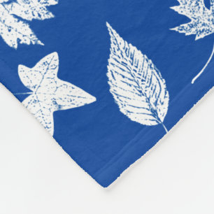 Autumn leaves - white and cobalt blue fleece blanket