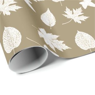 Autumn leaves - white and taupe tan wrapping paper