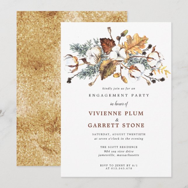 Autumn Leaves White Floral Engagement Party Invitation (Front/Back)