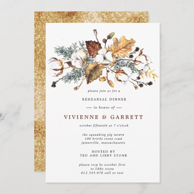 Autumn Leaves White Floral Rehearsal Dinner Invitation (Front/Back)