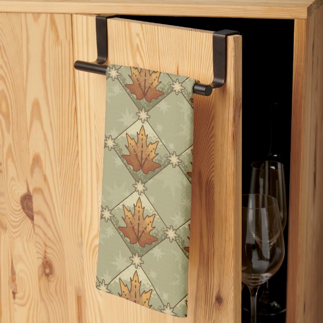 Autumn Leaves with Stars Diamond Pattern Tea Towel (Thirds Fold)