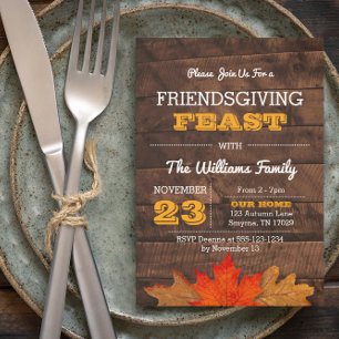 Autumn Leaves & Wood Rustic Thanksgiving Invitation