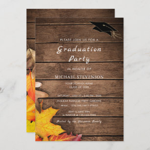 Autumn Leaves Wooden Planks Graduation Invitation