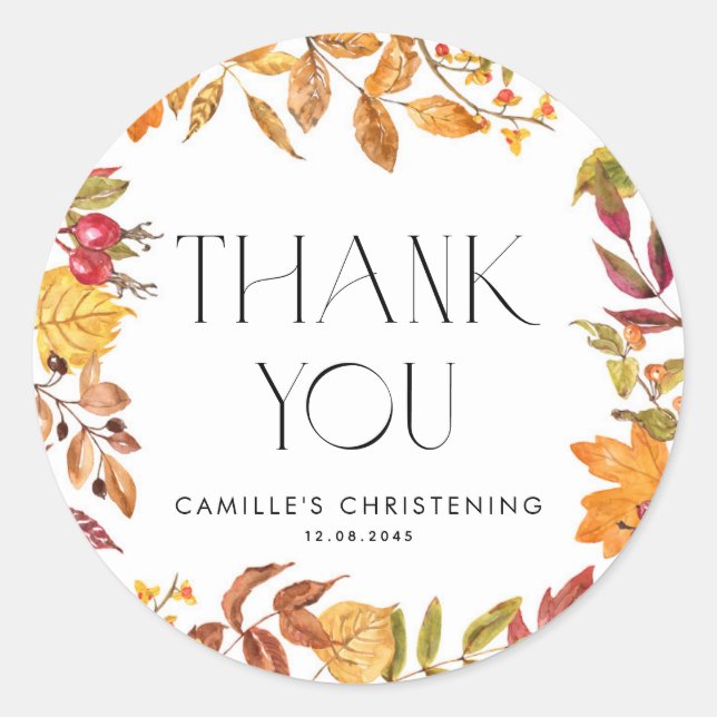 Autumn Leaves Wreath Christening Thank You Classic Round Sticker (Front)
