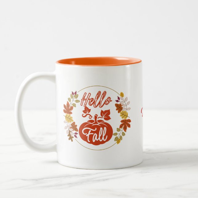 Autumn Leaves Wreath Pumpkin Name Monogram  Two-Tone Coffee Mug (Left)