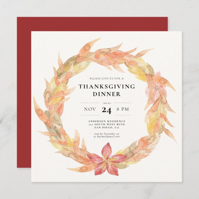 Autumn leaves wreath Thanksgiving dinner Invitation (Front/Back)