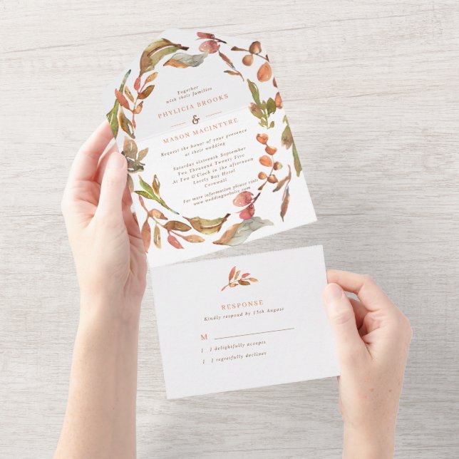 Autumn Leaves Wreath Wedding All In One Invitation (Tearaway)