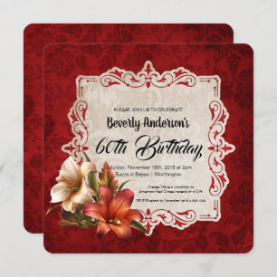 Autumn Lilies Dark Red Damask Birthday Party Invitation