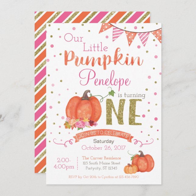 Autumn Little Pumpkin 1st Birthday Invitation (Front/Back)