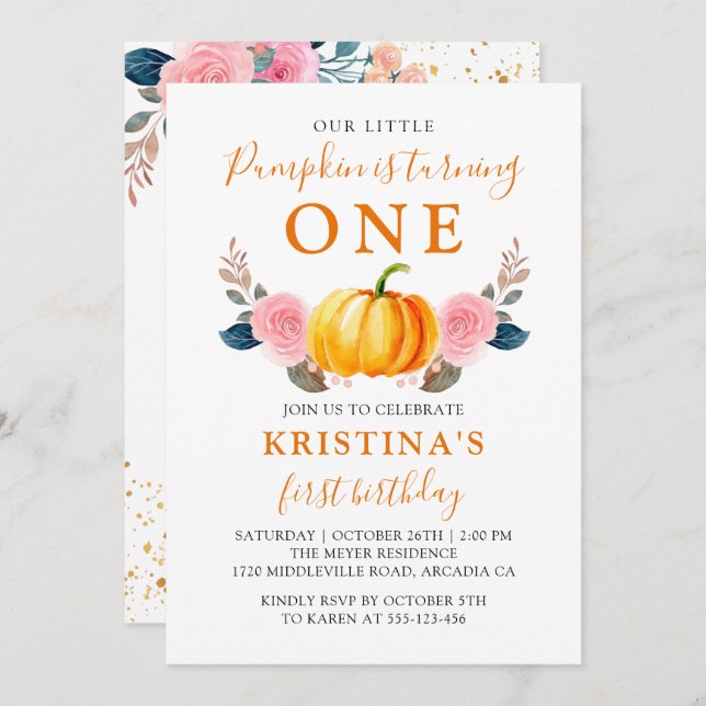 Autumn Little Pumpkin Pink Floral First Birthday Invitation (Front/Back)