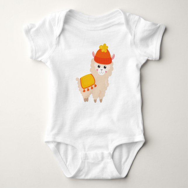 Autumn Llama, Cute Llama, Alpaca, Llama With Hat Baby Bodysuit (Front)