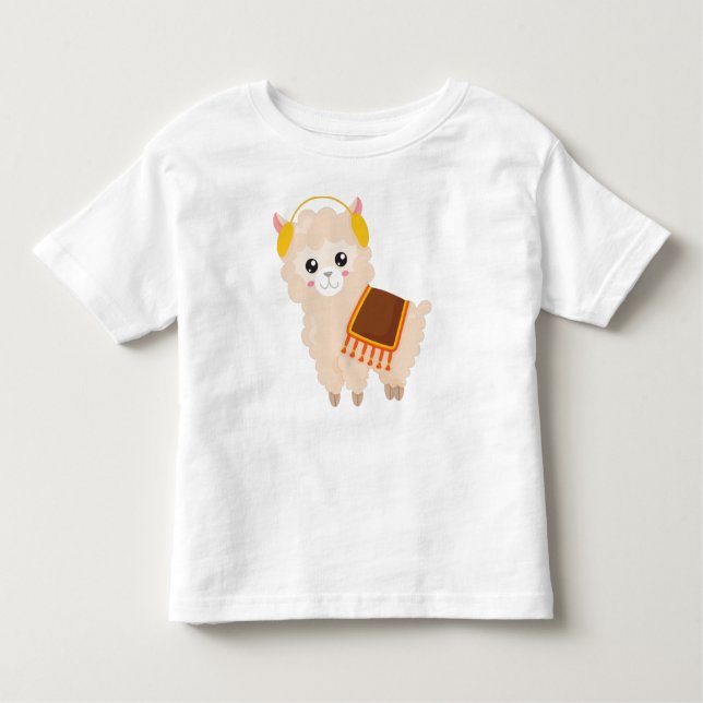 Autumn Llama, Cute Llama, Cute Alpaca, Ear Muffs Toddler T-Shirt (Front)