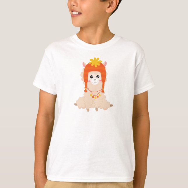 Autumn Llama, Cute Llama, Llama With Hat, Alpaca T-Shirt (Front)