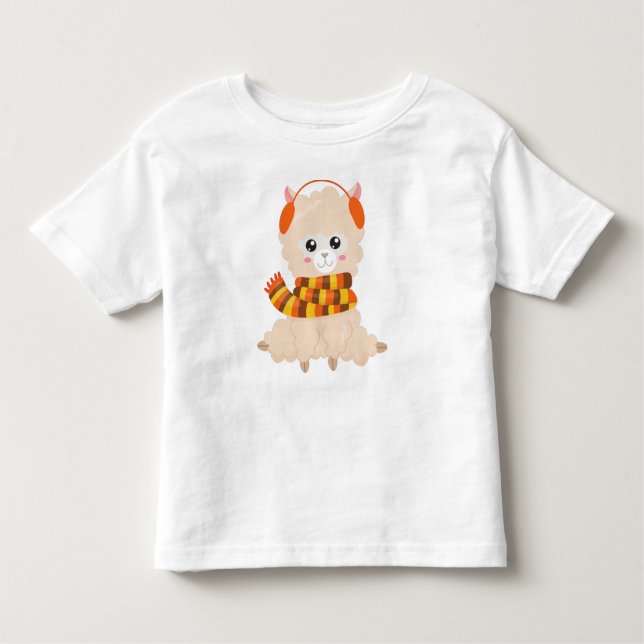 Autumn Llama, Cute Llama, Llama With Scarf, Alpaca Toddler T-Shirt (Front)